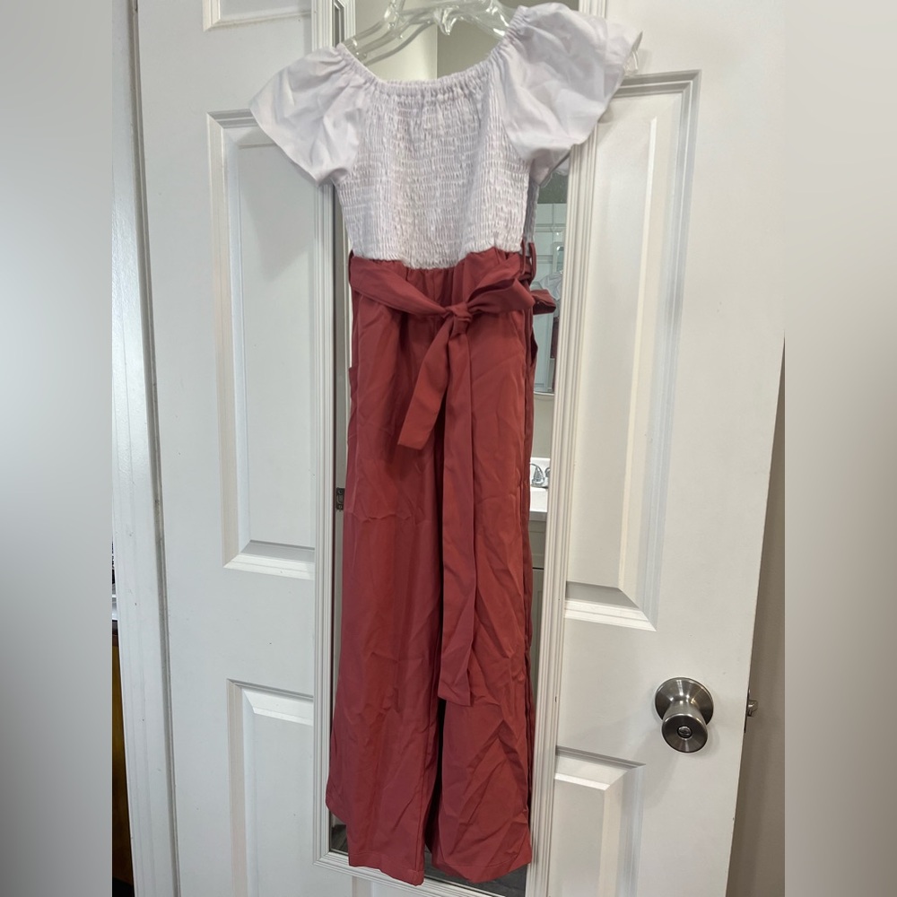 White and Pink Jumpsuit with Tie Waist